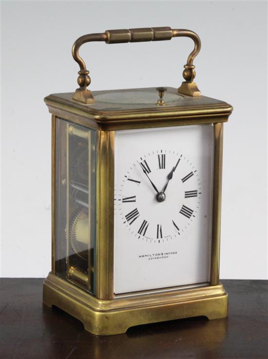 An Edwardian ormolu hour repeating carriage clock, 5.5in.